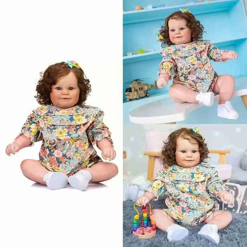 

Curly Flower Dress Silicone Eyes Closed Baby Cute Silicone Face Reborn Collectible Happy Doll Doll Smiling Baby Girl D9K1