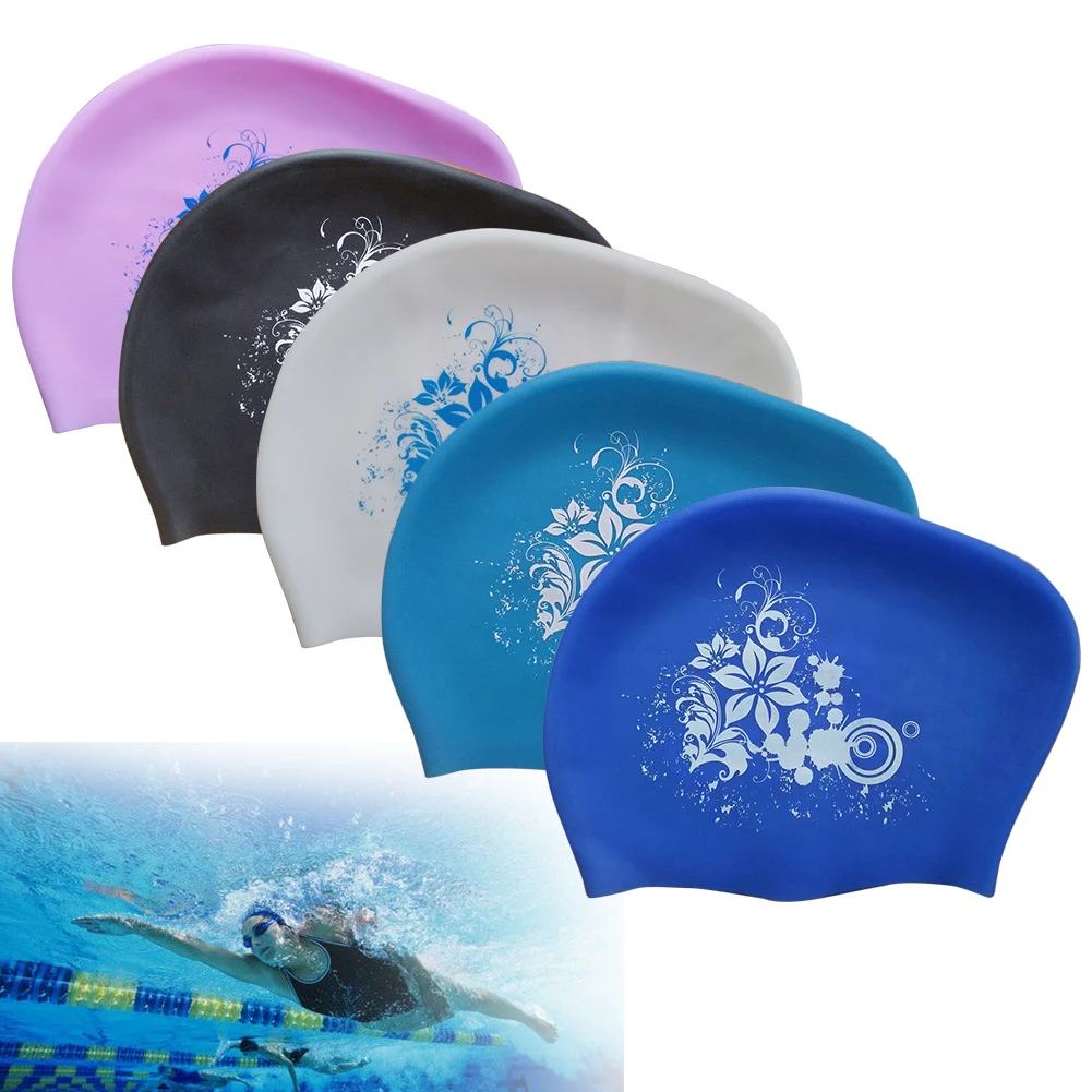 

Women Long Hair Soft Silicone Adults Ladies Ear Protection Fashion Non Slip Hat Waterproof Swimming Cap Elastic Printed Sports