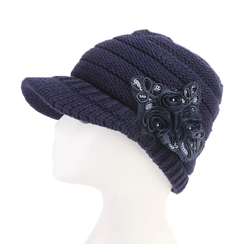 Новое поступление вязаная шапка с блестками и цветком Зимние Теплые