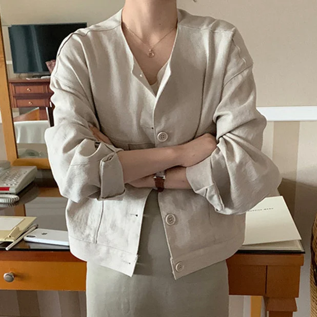 

linen cotton 2021 air jacket casual Korean work suit large pocket round neck loose jacket