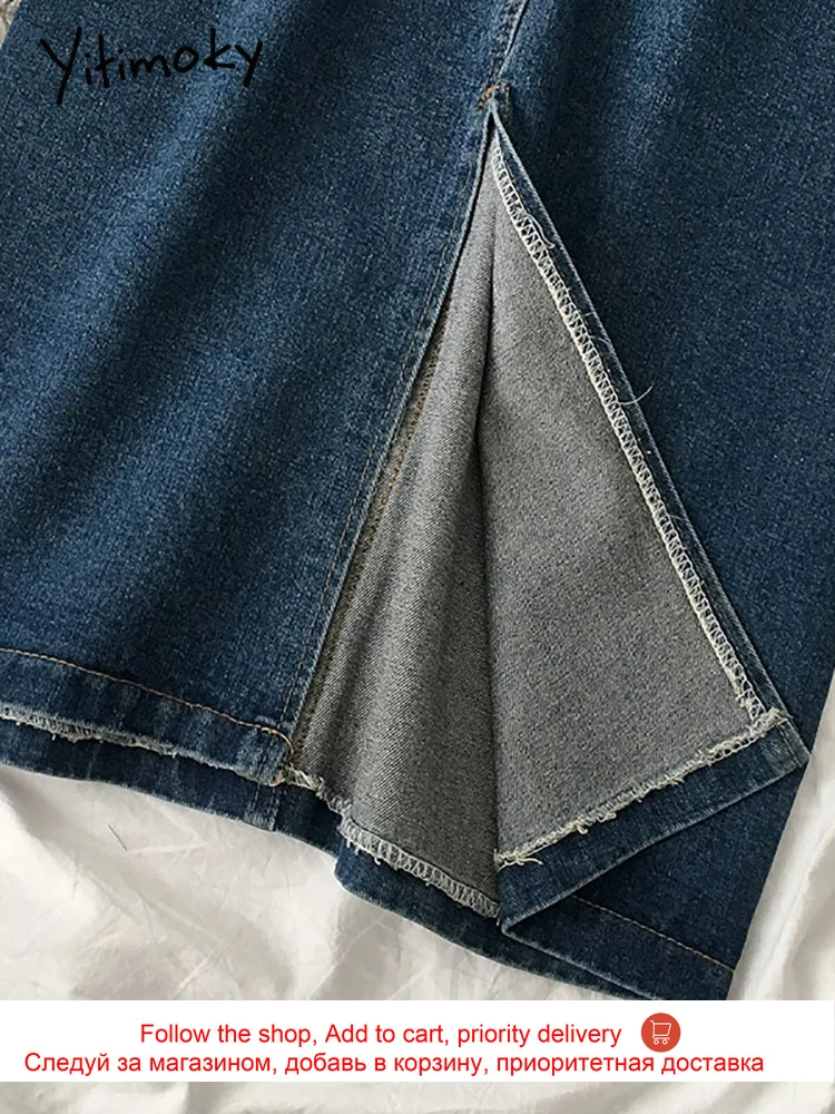 

Yitimoky Vintage Split Denim Skirt Blue Spring 2021 New Korean Casual Pockets Zipper Button High Waist Long Skirts Hot Sale