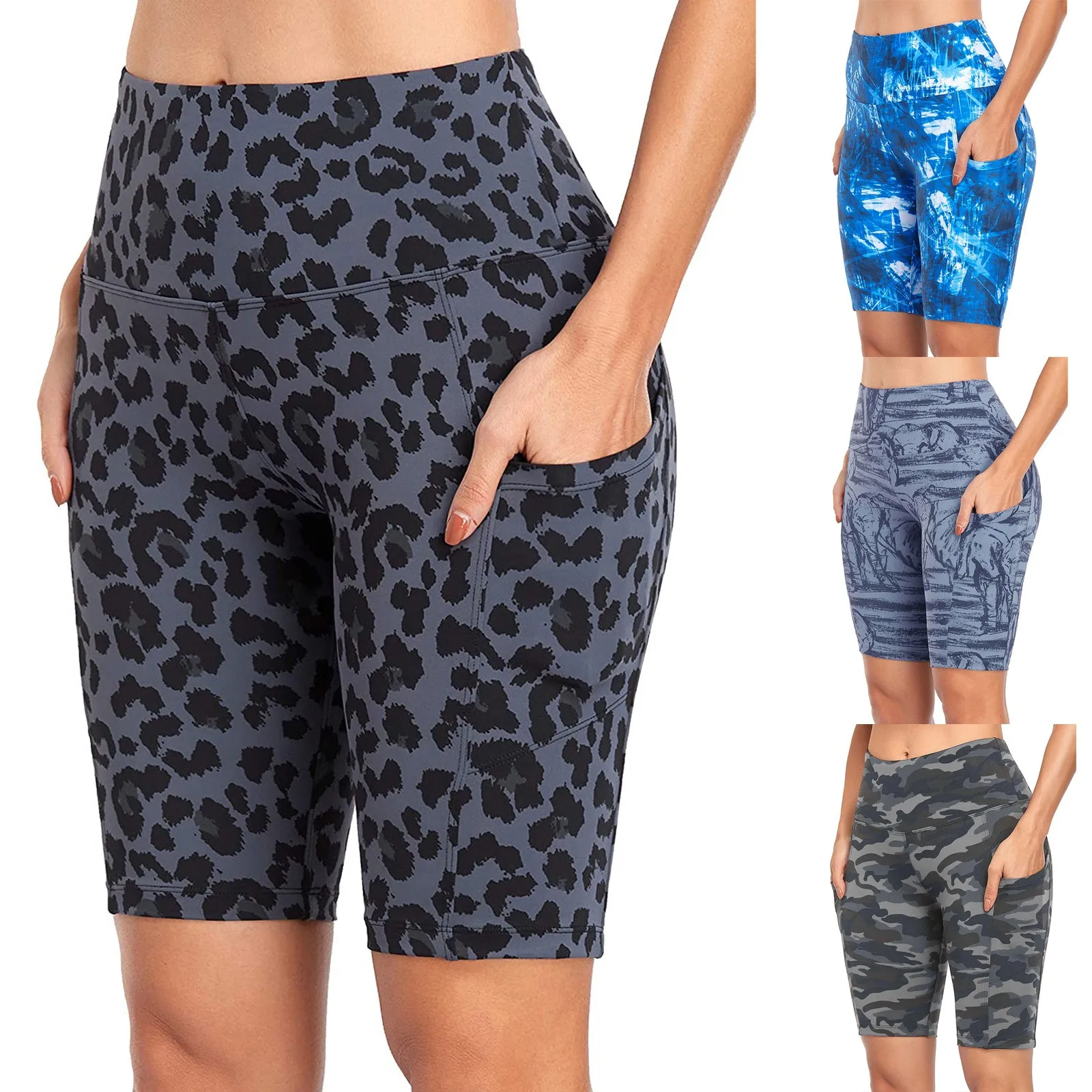 

2021 Leggings Ladies Fitness Seamless Leopard Print Waist Leggings Pocket Training Running Shorts