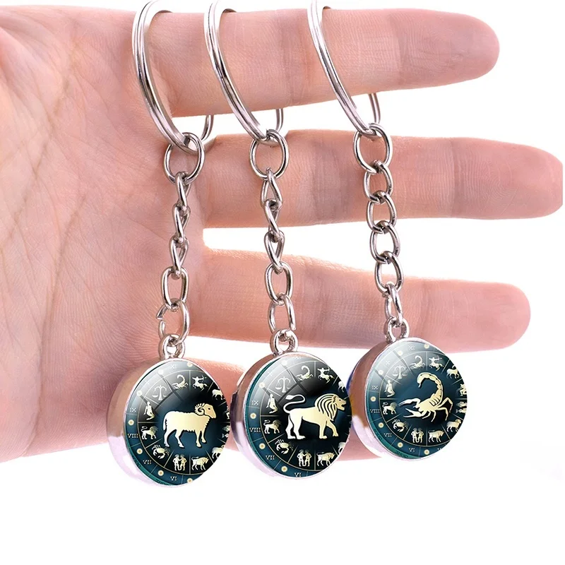

Fashion 12 Constellation Keychain Keyring Stainless Steel Key Rings Zodiac Signs Glass Ball Pendant Key Chain Christmas Gifts