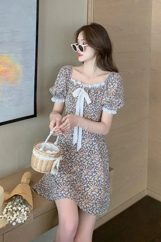 

COIGARSAM Print Women dress New Summer Puff Sleeve Bow Belt High Waist Dresses Floral 1820