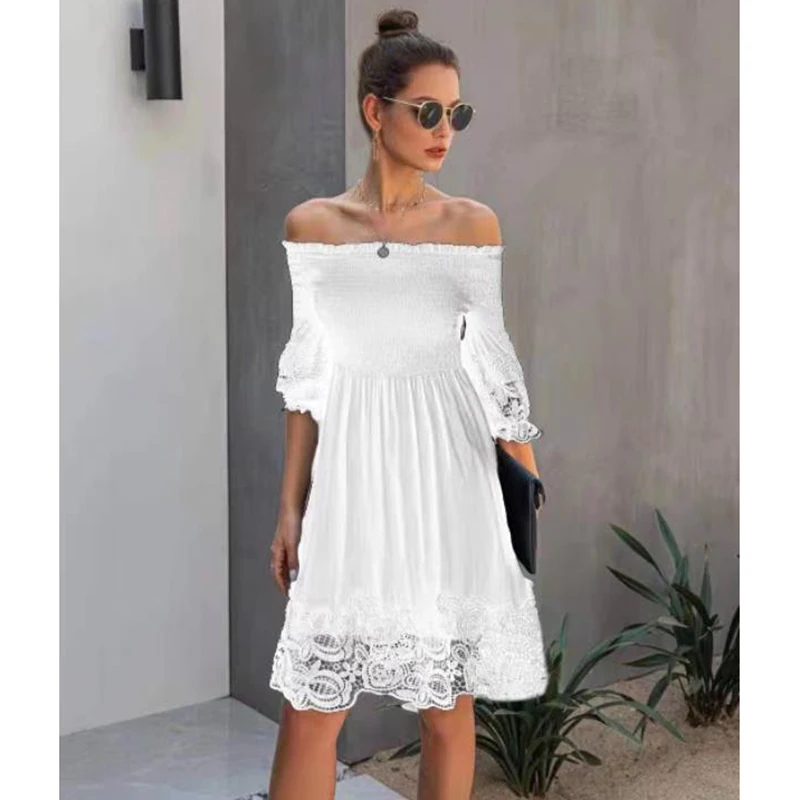 

2021 Off Shoulder Lady Dress Sexy Backless Lace A-line Dresses Solid Color Patchwork Dress For Female Beach Vacation Loose Dress