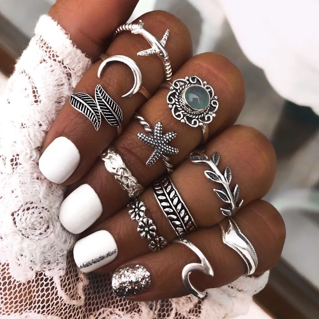 

11Pcs/Set Sapphire Rings Jewelry Stainless Steel Women's Bohemian Style Rings European And The United States 2021 Style