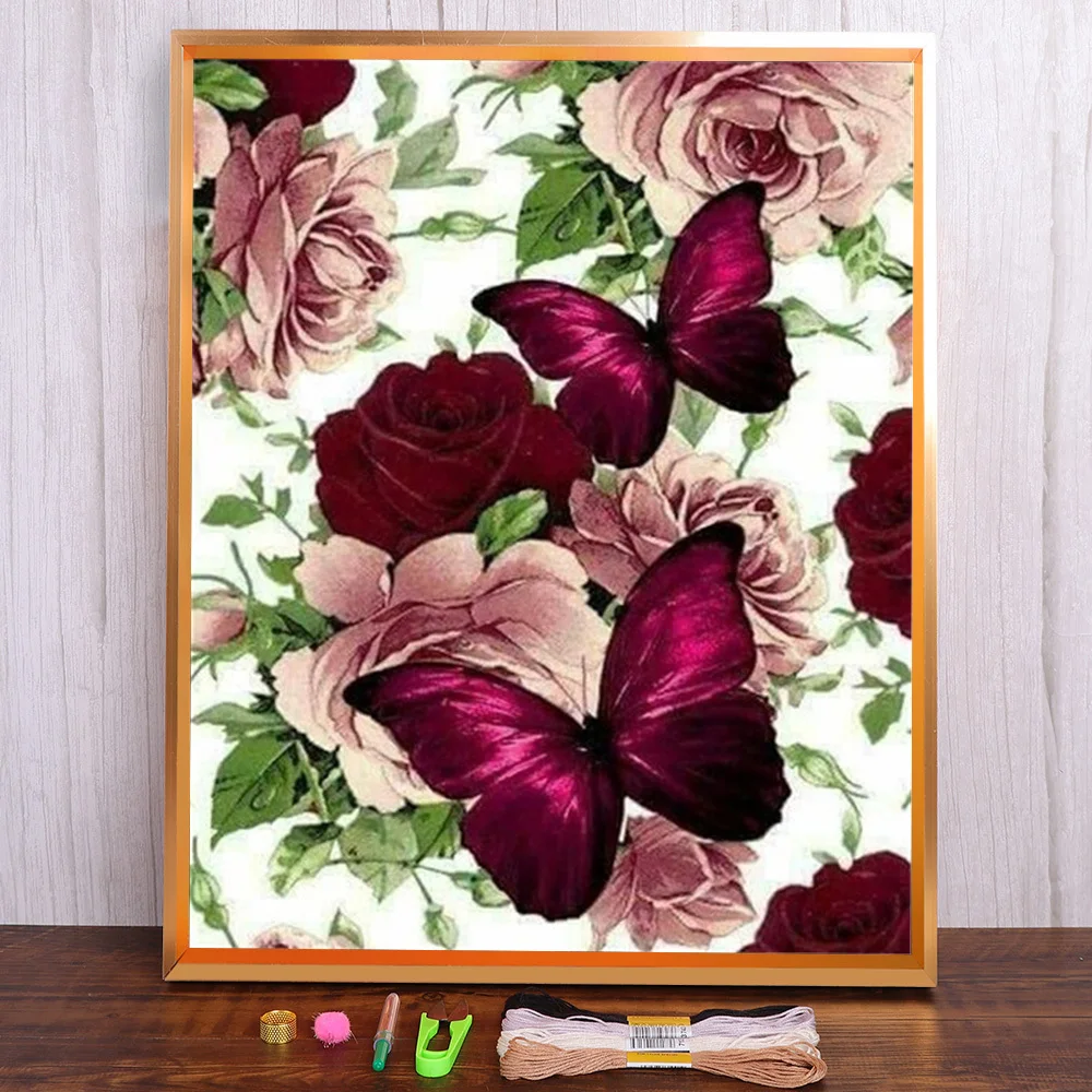 Butterfly And Flower Printed Canvas 11CT Cross Stitch DIY Embroidery Full Kit DMC Threads Painting Handiwork Craft    Mulina