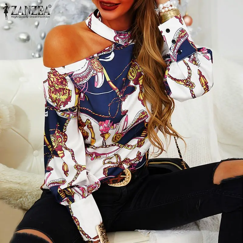 

2021 Fashion Women's Printed Blouse Spring Office Lady Puff Sleeve Tops ZANZEA Casual Hollow Out Stand Collar Oversized Blusas