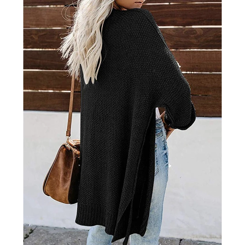 

Lady Spring Autumn New Knitted Cardigans Coat Female Casual Long Sleeve Sweater Elegant Solid Color Cardigan Mid-length Overcoat