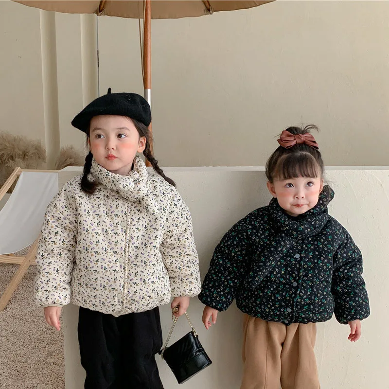 

OMEA зимние парки для девочек Хлопковое пузырьковое пальто маленькая Цветочная куртка детская утепленная верхняя одежда детская одежда шарф воротник с бантом