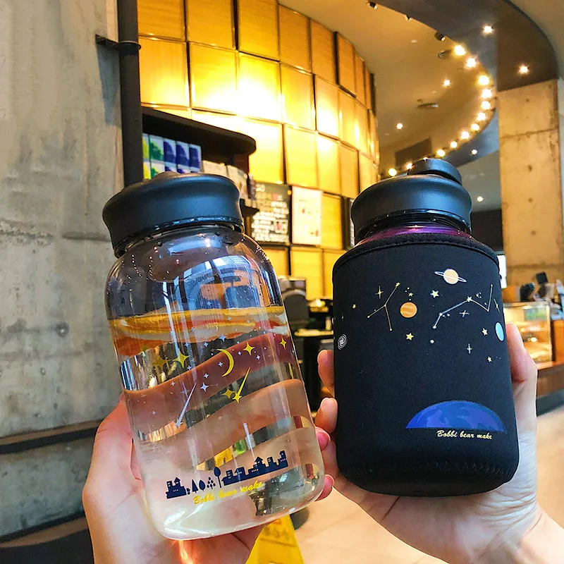 600ML Starry Sky Gradient Glass Water Bottle With Protective Bag Cute Fashion Leak Proof Water Cup for Girls Sport Drink Bottles
