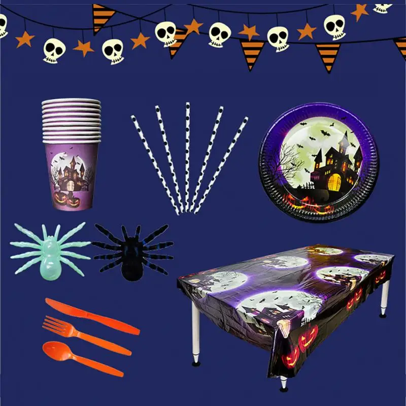 

1/4/10/20pcs Halloween Party Decoration Table Setting Supplies Disposable Paper Plates Cups Tablecloth Tableware Set