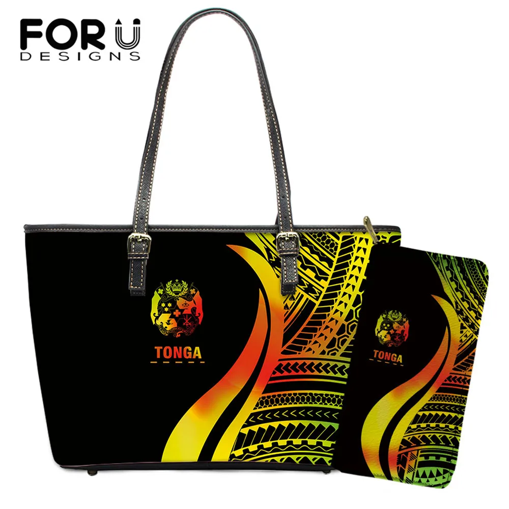 

FORUDESIGNS Shoulder Bags And Wallets 2Set for Women's Tonga And Polynesia Tribe Printed Female Casual Beach Bags Ladies Handbag