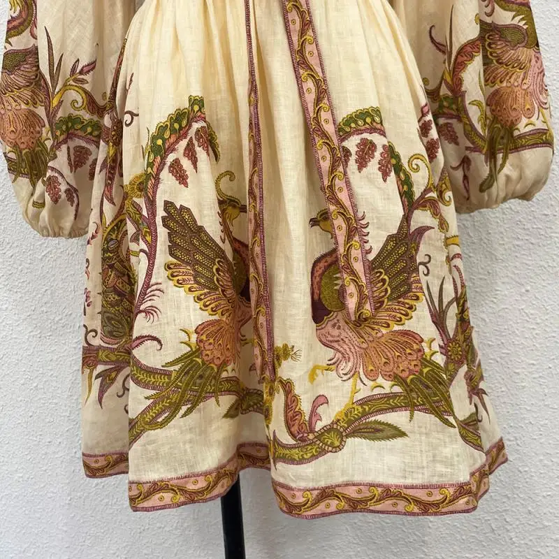 

2021 New Linen Women Print V-Neck Long Sleeve Mini Dress