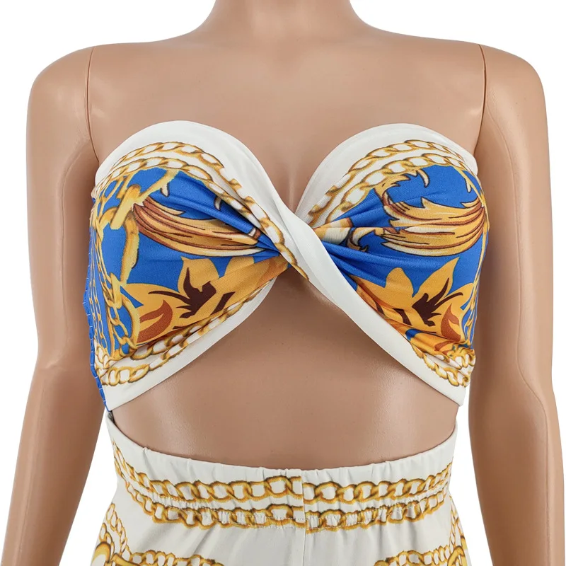 

Bonnie Forest Vintage Cut Out Blue Gold Print Multi-Way Jumpsuits Strapless Wide Leg Sexy Jumpsuits Special Occasion Outfits