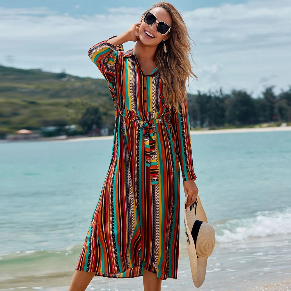 Пляжное платье в полоску с принтом длинным рукавом Пляжная накидка женское