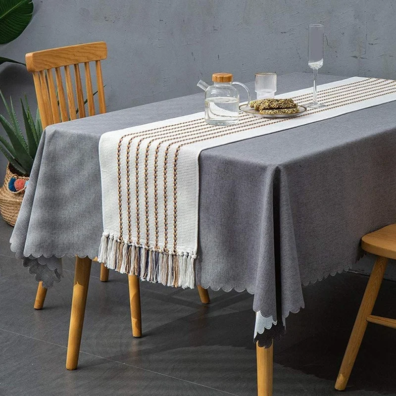 

Coffee Stripe Handmade Cotton Woven Tassels Table Runner Modern Farmhouse Boho Dining Table Runner Dresser Scarf 86 Inch