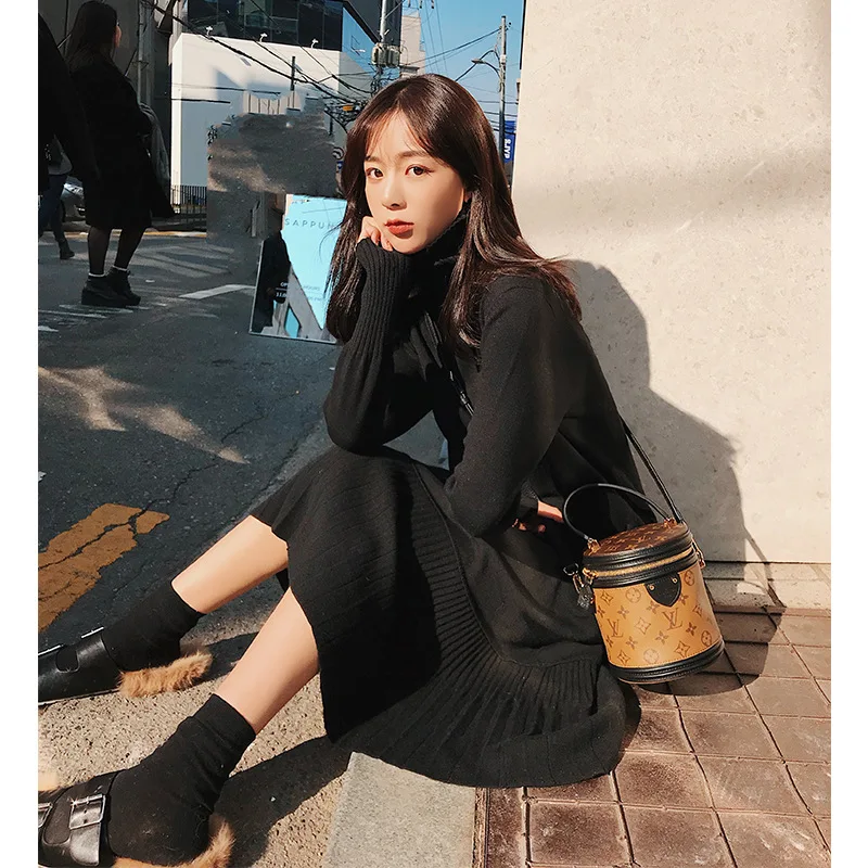 Woolen Skirt 2020 New Pleated Turtleneck Knitted Mid-Length Jersey Dress Women women sweater womens knitted | Женская одежда