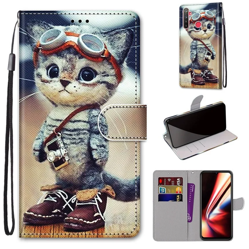 leather flip phone case for realme 5 5s 5i c3 c3i 6i flower cute cat painted wallet card holder stand book cover butterfly capa free global shipping