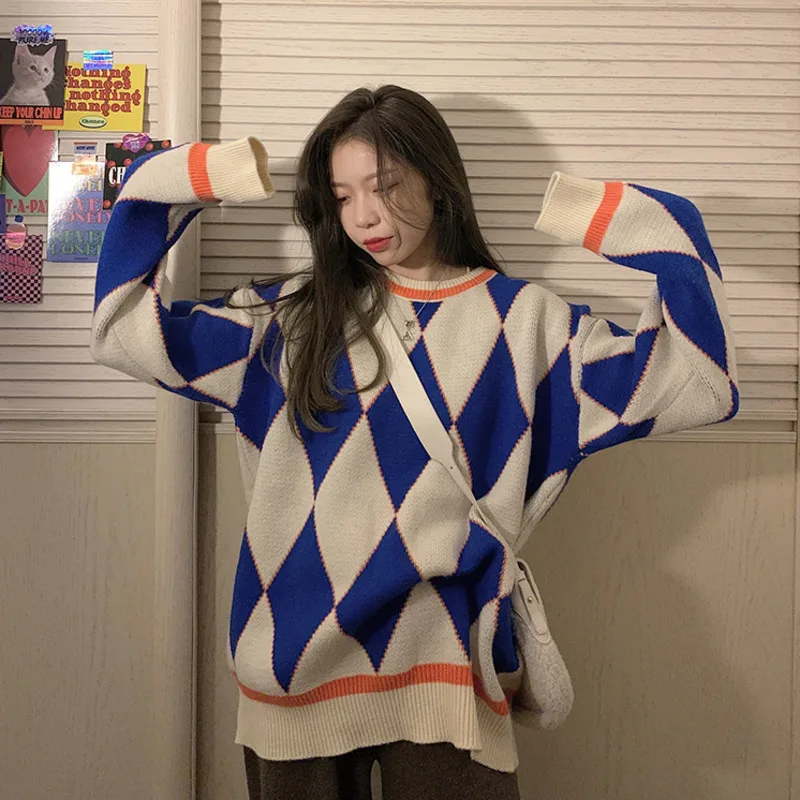 

Women's Sweater Geometric Argyle Printed O Neck Knitted Pullover Sweaters Loose Casual Fashion Autumn Winter Streetwear Jumper
