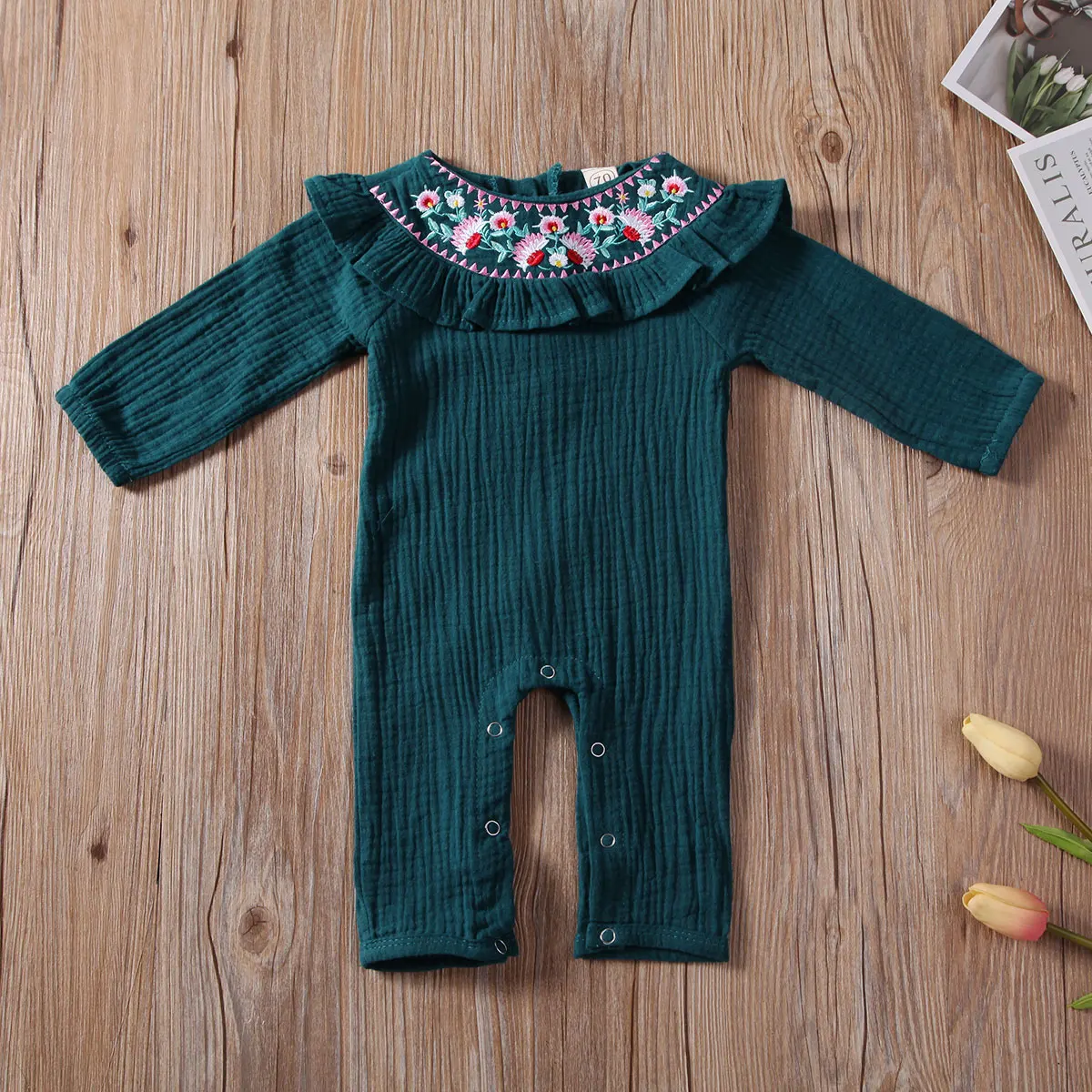 

Pudcoco Newborn Baby Girl Clothes Solid Color Flower Print Ruffle Long Sleeve Knitted Cotton Romper Jumpsuit Clothes