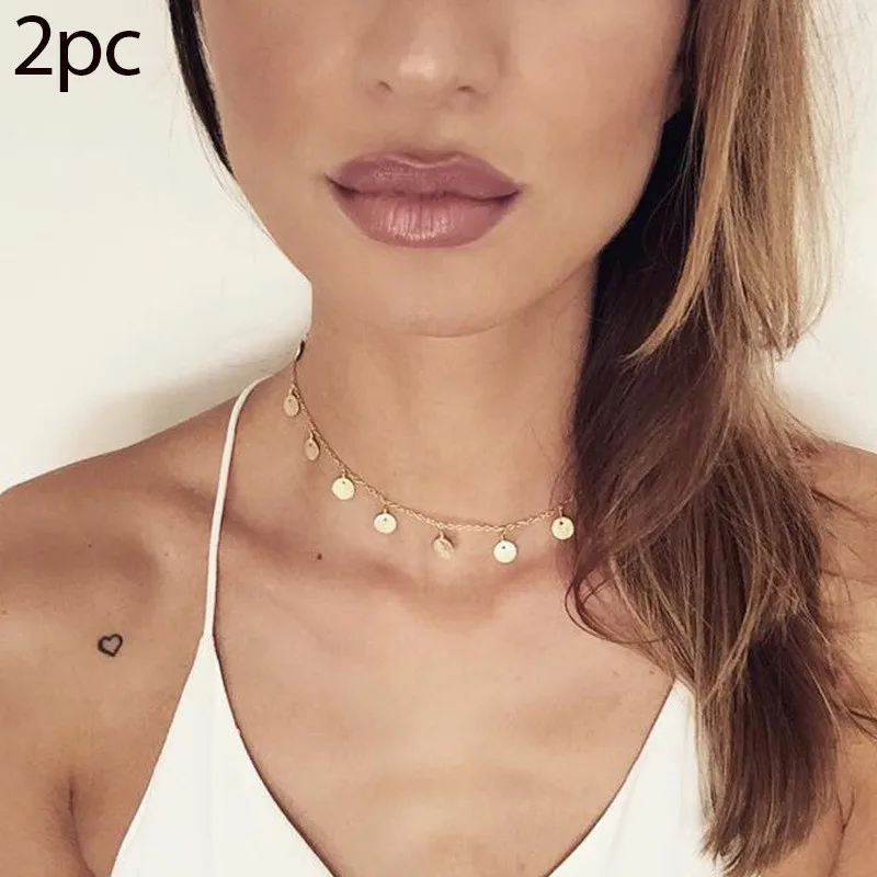 Ожерелье чокер женское многослойное с кристаллами 2 шт.|Колье| |