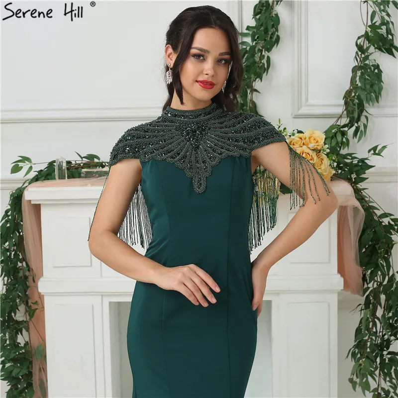 2020 темно зеленые вечерние платья с кисточками и высоким воротом модное платье