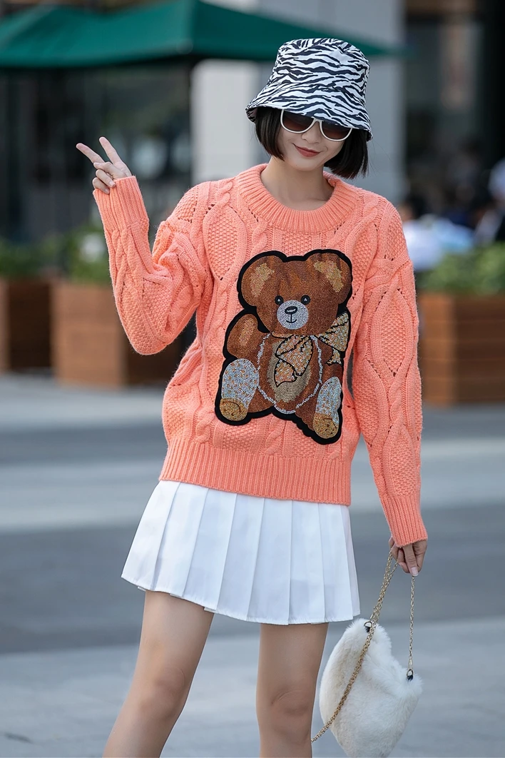 

Ladies Knitted Sweater Europe Station Heavy Industry Rhinestone Patch Sweater Women's Loose Pullover Knitted Top