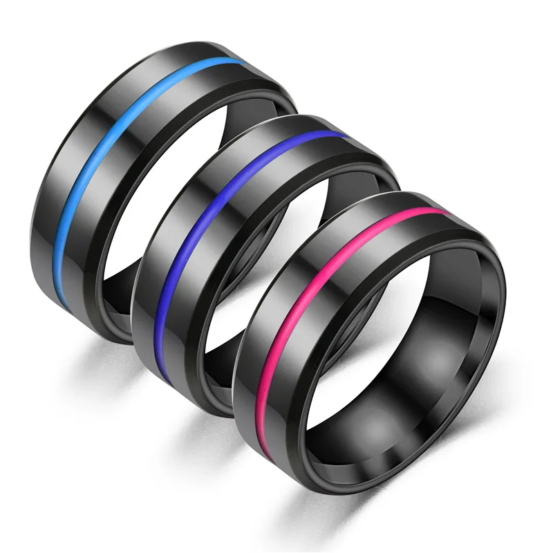 

Bxzyrt 8mm Men's New Fashion 8MM Black Ladder Edge Stainless Steel Ring Blue Pink Groove Men Wedding Ring Gifts For Couple Rings