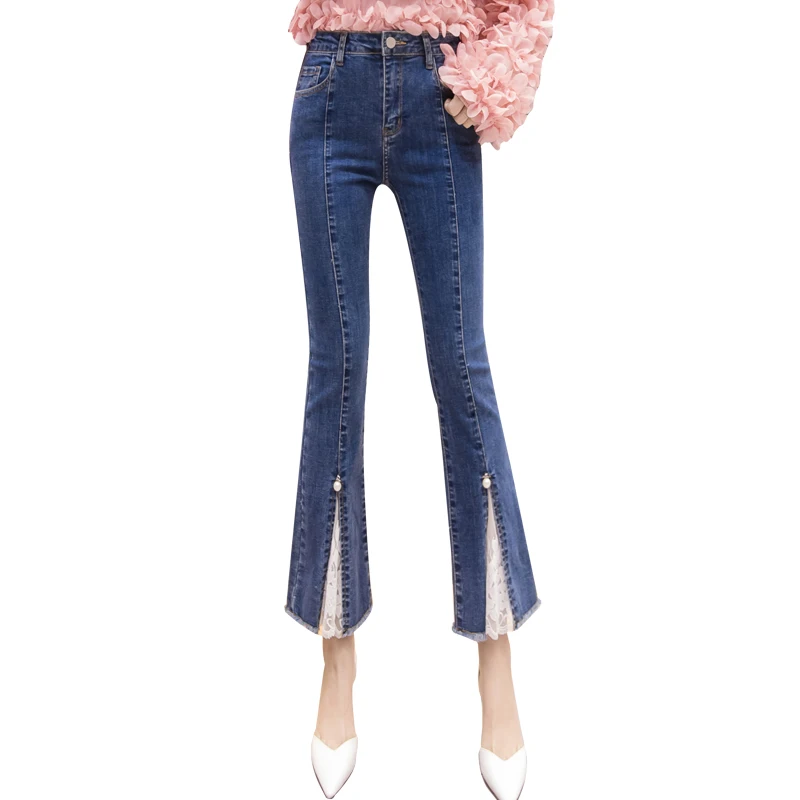 

Jeans for Women Spring/Summer 2021 New Irregular Lace Split Bootleg Pants High Waist Slimming Burr Cropped Trousers