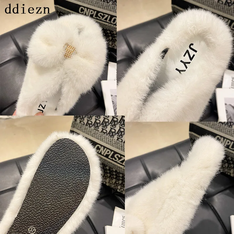 

Slippers Women Flip Flop 2021 Winter Warm Fluffy Home Cotton Shoes Rhinestones Butterfly-knot Short Plush Slides Female Shoes
