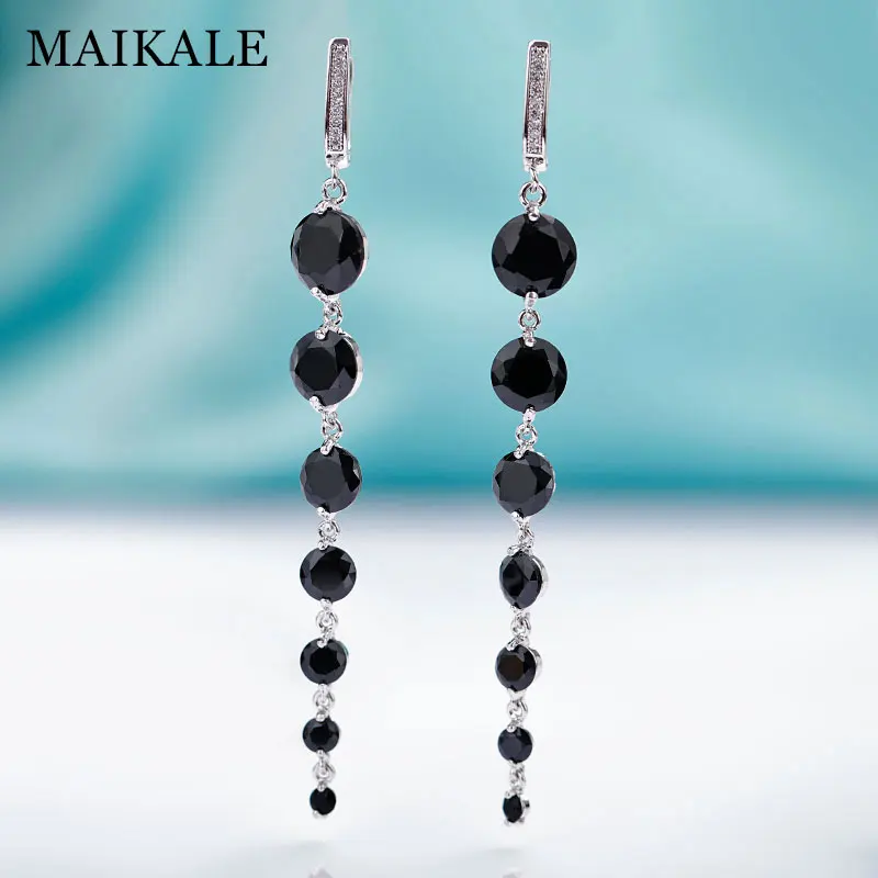 MAIKALE, новинка, модные, круглые, CZ циркониевые, длинные серьги для женщин, розовое золото, хорошее ювелирное изделие, кисточка, черные, серебряные, висячие серьги в подарок