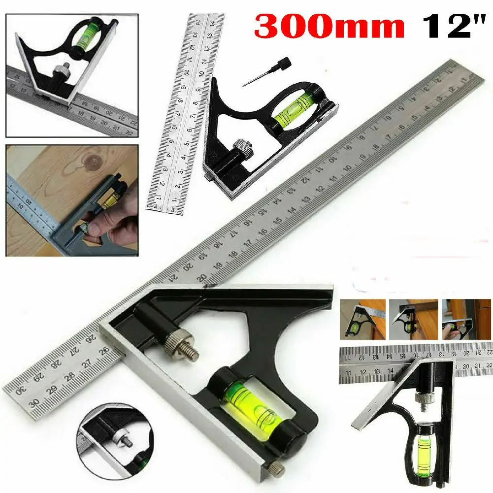 

Square Ruler Set Kit 300mm (12") Adjustable Engineers Combination Try None Right Angle Ruler with Spirit Level and Scriber