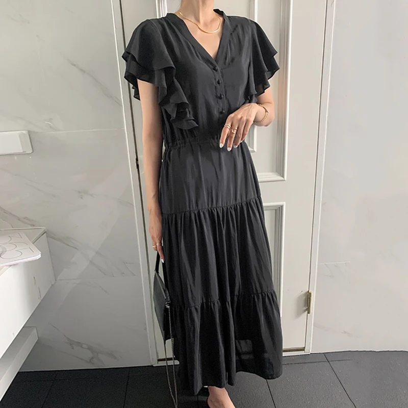 

Kimotimo Summer Dress Woman Korean Chic 2021 V-neck Drawstring Waist Ruffled Flying Sleeves Long Elegant Vestidos Fashion