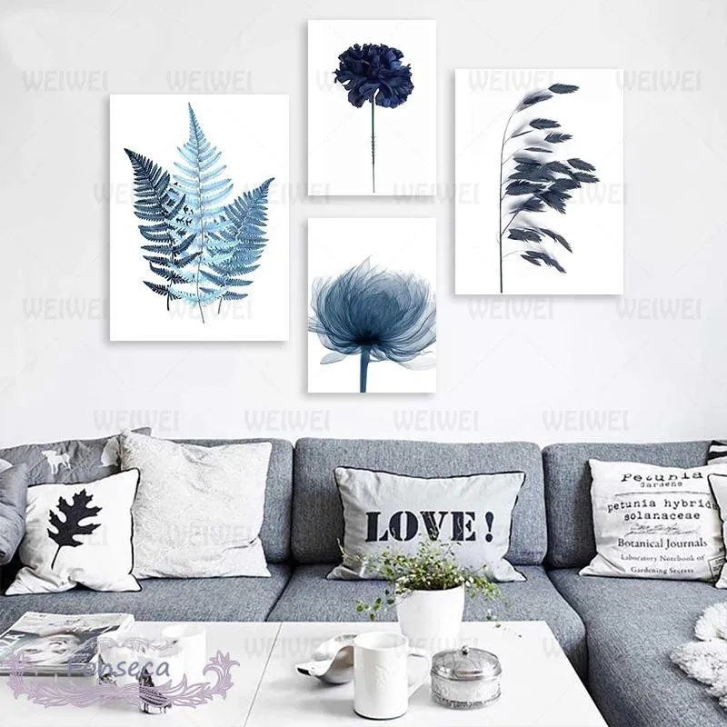 

Watercolor Blue Botanical Leaf Poster Minimalist Nordic Flowers Plant Canvas Painting Wall Art Pictures for Living Room Decor