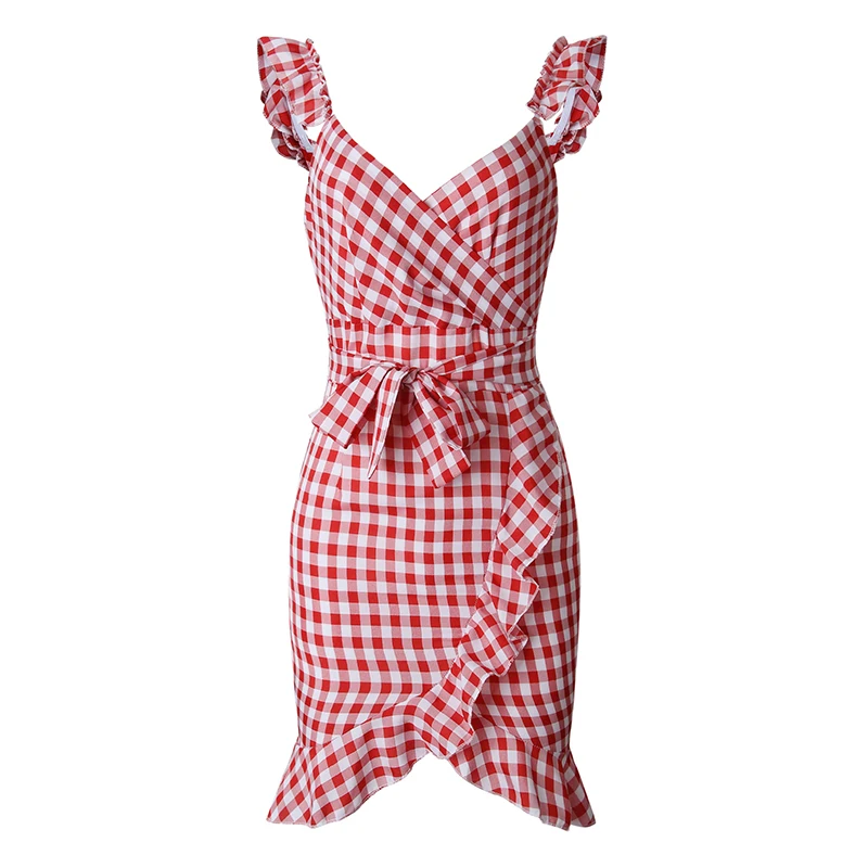 

Women Summer 2021 New Red Plaid Mini Dress Bodycon Sleeveless Beach Casual Streetwear Vintage Ruffles Short Dresses Cottagecore