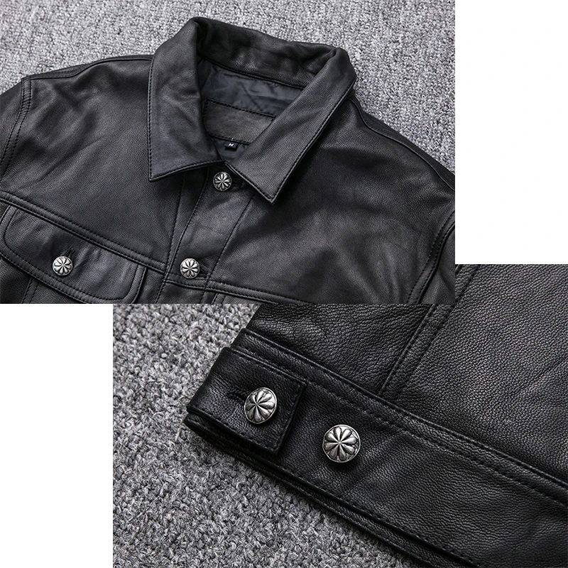 

Genuine 2021 New Leather Jacket Men Short Sheepskin Lapel Denim Buckle Slim Fit Motorcycle Leather Jacket Biker Leather Coat