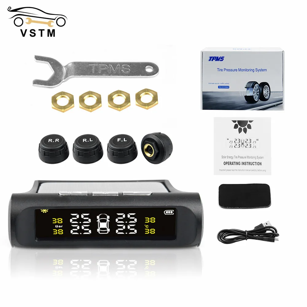 

Solar Power USB TPMS Car Tire Pressure Monitoring System LCD 4 External / Internal Sensors for SUV Temperature Warning