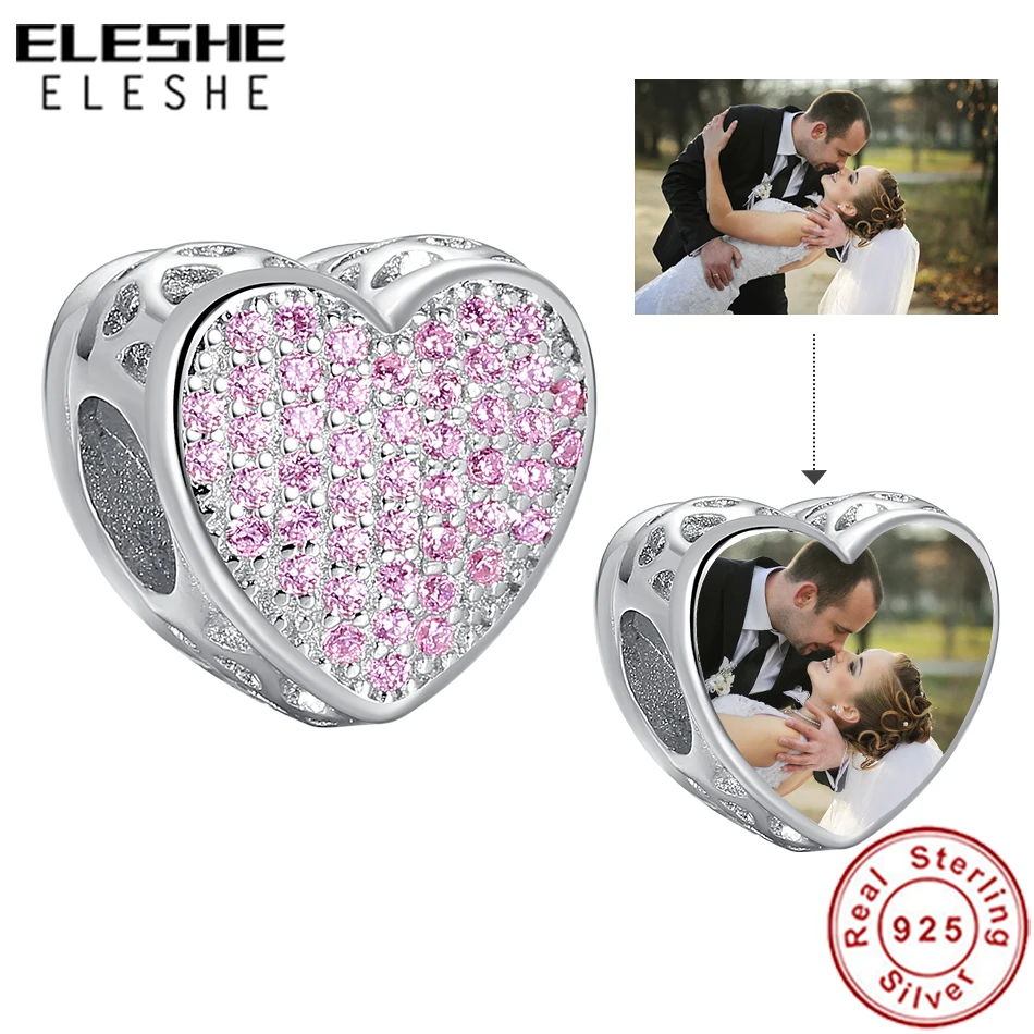 925 Sterling Silver Pink Crystal Heart Beads Charm Fit Original Bracelets Bangles DIY Personalized Custom Photo Wedding Jewelry | Украшения
