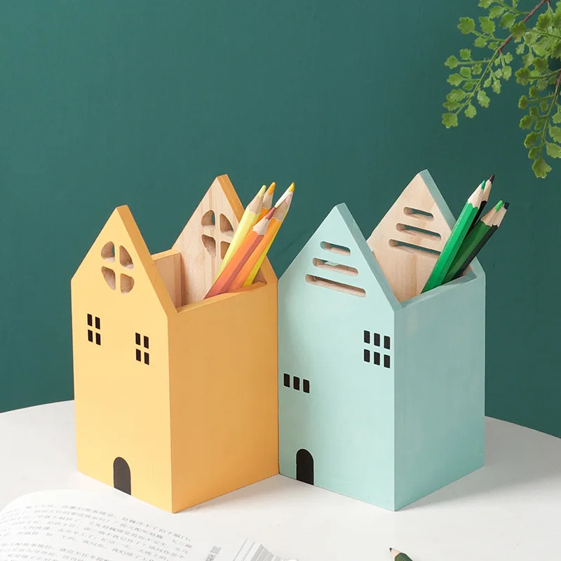 

Creative House Shape Wooden Pencil Pen Holder Desktop Organizer Container Brush Pot Stationery School Office Supplies