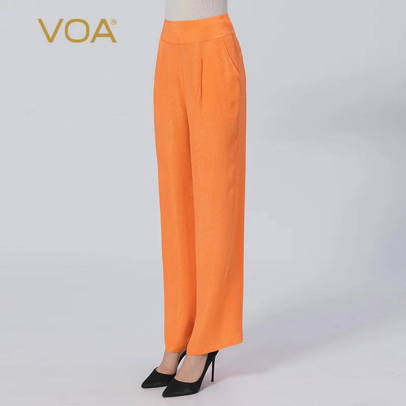 

VOA Silk Natural Waist Orange Jacquard Invisible Side Pull Oblique Insert Pocket Striped Silk Straight Leg Pants Female KE570
