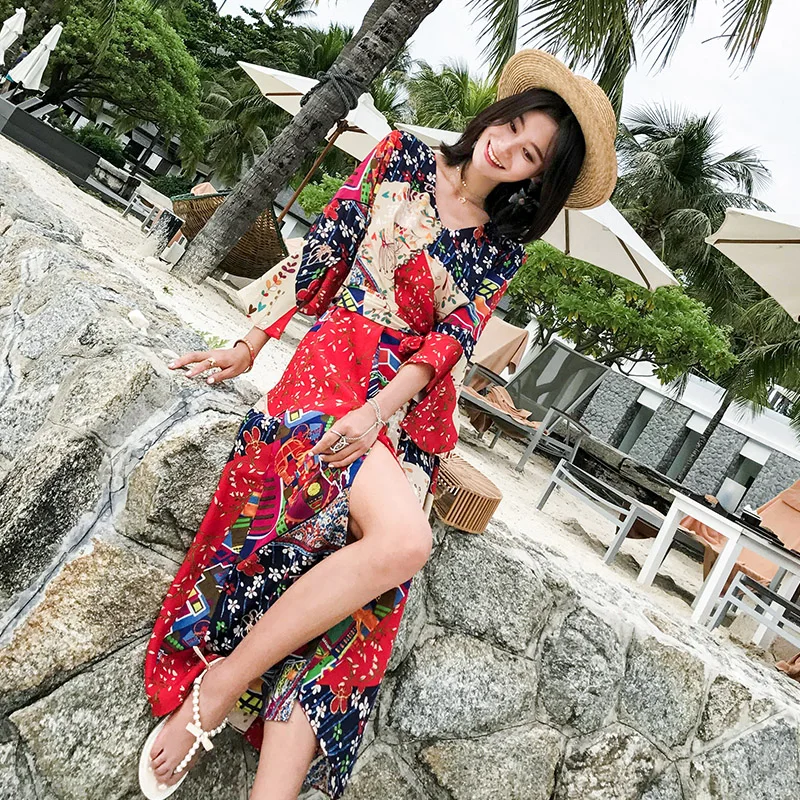 Женское летнее длинное платье тонкое с V-образным вырезом шифоновая пляжная юбка