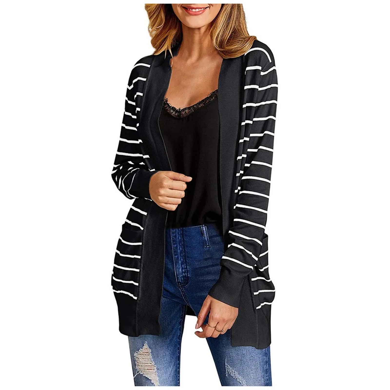 

Free Ostrich Coats Womens Long Cardigan Sweaters Oversized Open Front Striped Loose Lady Jacket Drop Ship