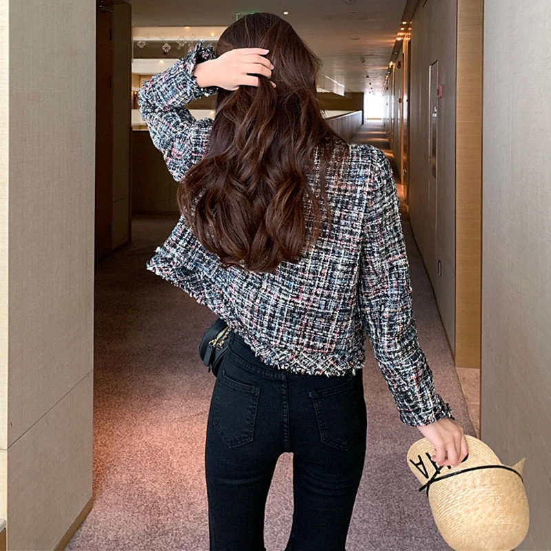 Маленький аромат винтажное твидовое короткое пальто женская Корейская Новинка