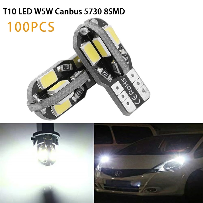 

100pcs T10 LED 194 168 W5W Canbus Error Free 5730 8SMD Led Clearence Side Marker Plate License Light Car Interior Reading Light