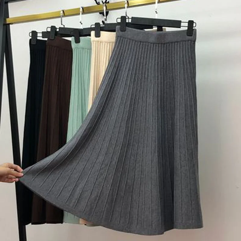 

Women's Autumn Winter A-line Knitting Wool Blend Pleated Maxi Long Skirt