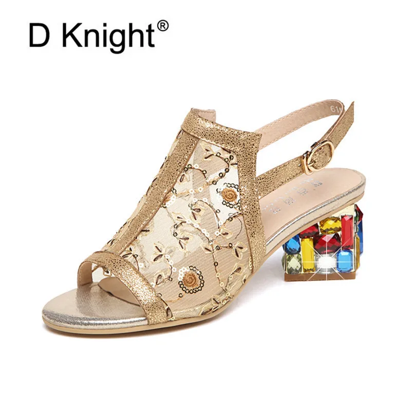 

2020 New Summer Korean High Heels Sandals Shoes Woman Crystal Heels Hollow Women Sandals Shoes New Mesh Glitter Female Footwear