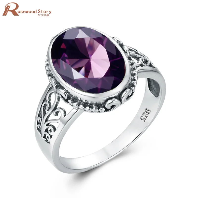 Purple Amethyst Pure Silver Ring For Women Oval Boho Jewellery Prong Setting Engrave Schmuck Wedding Bridal sets Aneis Promotion