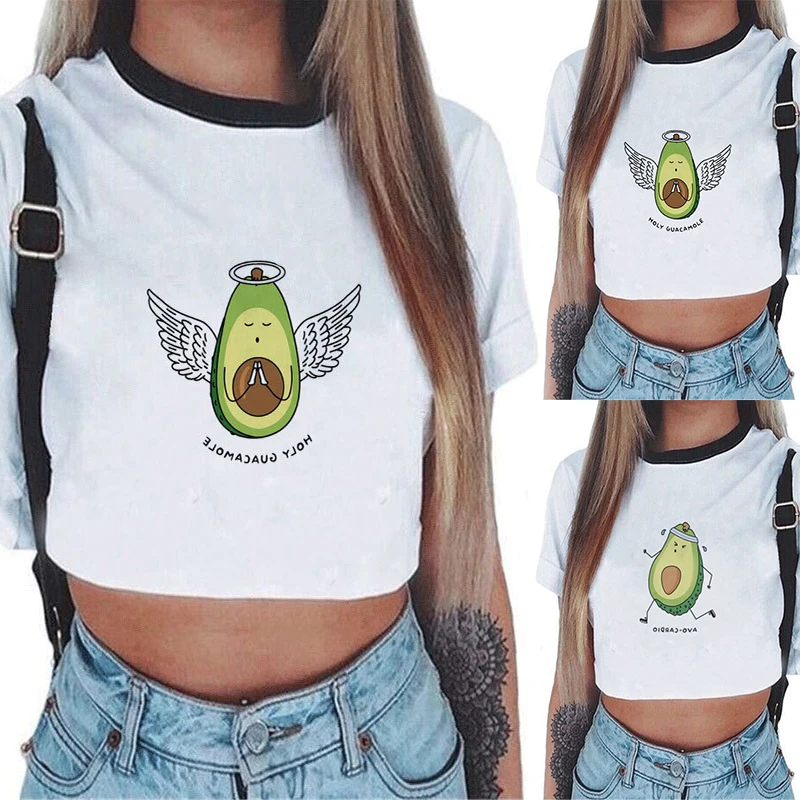 

Harajuku Kawaii Cute Cartoon Vegan Avocado Print Korean Fashion Friends Crop Top Women T Shirt Casual Vegan Tee Shirt Haut Femme