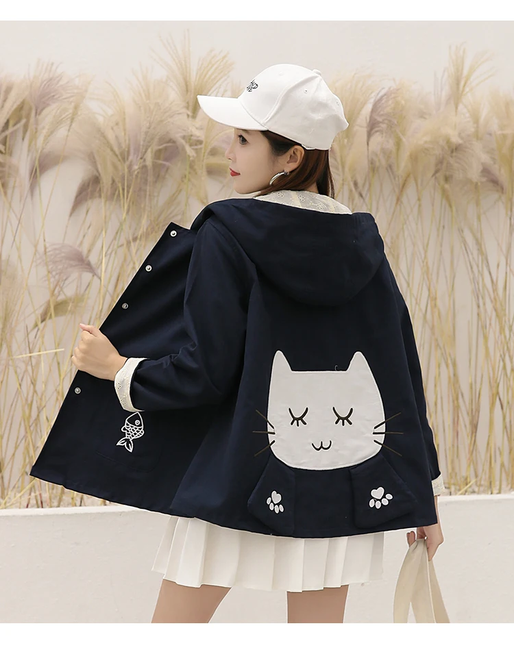 

Одежда с принтом кота, Осеннее хлопковое пальто для подростков 2019, Свободная рабочая одежда в стиле преппи, верхняя одежда с капюшоном, своб...